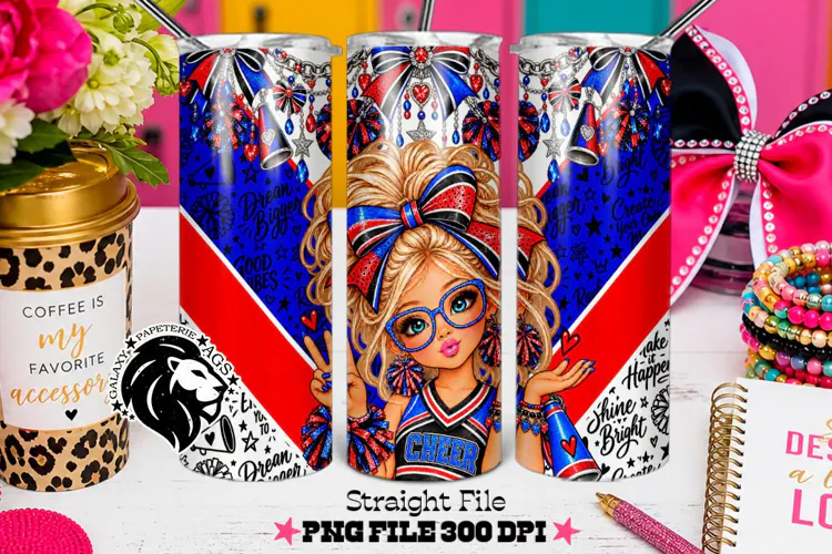 Blue Red Cheerleader Tumbler PNG | Blonde Glitter Wrap