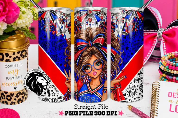 Blue Red Cheerleader Tumbler PNG | Brunette Glitter Wrap