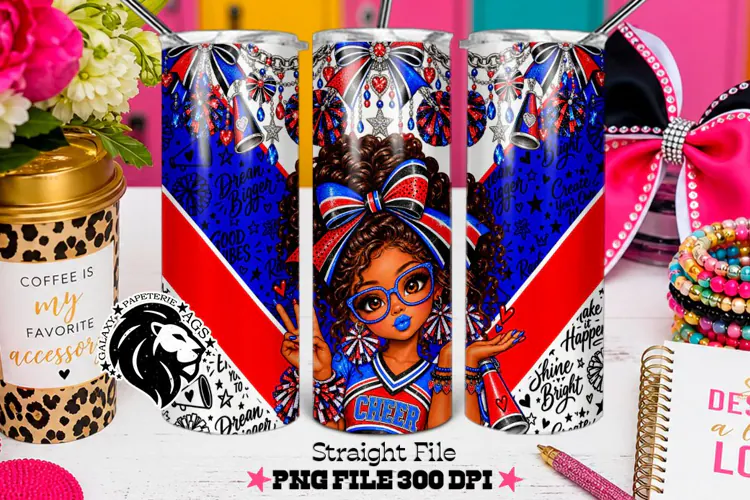 Blue Red Cheer Girl Tumbler PNG | Curly Hair Glitter Wrap