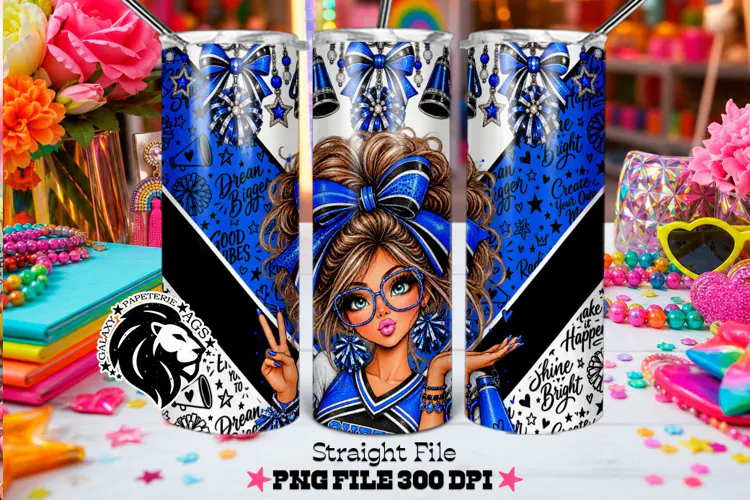 Blue Cheerleader Tumbler PNG | Brunette Glitter Wrap