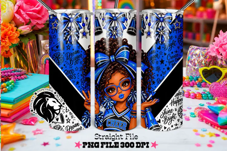 Blue Cheer Girl Tumbler PNG | Curly Hair Glitter Wrap