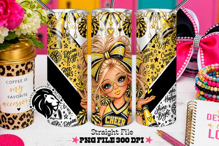 Yellow Gold Cheerleader Tumbler PNG | Blonde Glitter Wrap