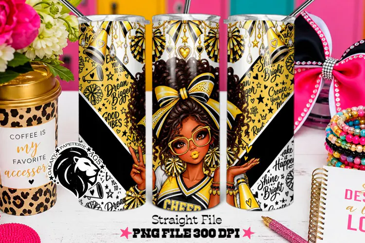 Yellow Gold Cheerleader Tumbler PNG | Curly Hair Glam Wrap