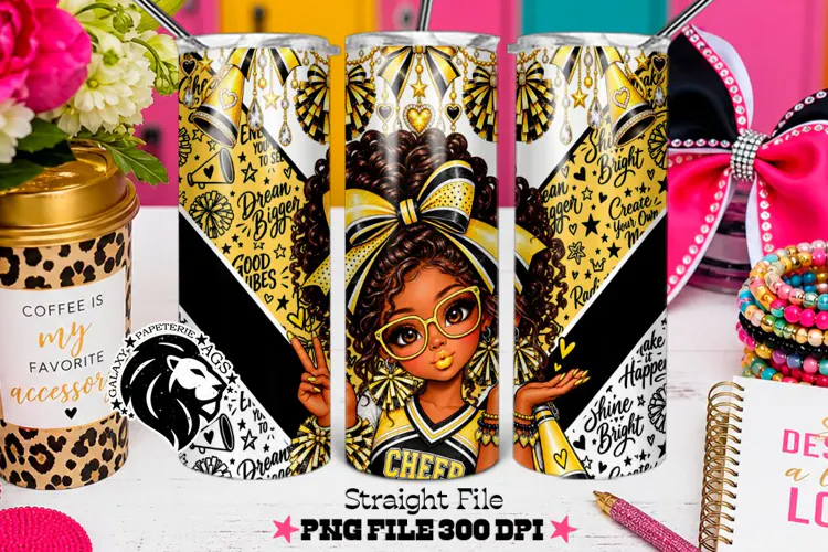 Yellow Gold Cheer Girl Tumbler PNG | Curly Hair Glitter Wrap