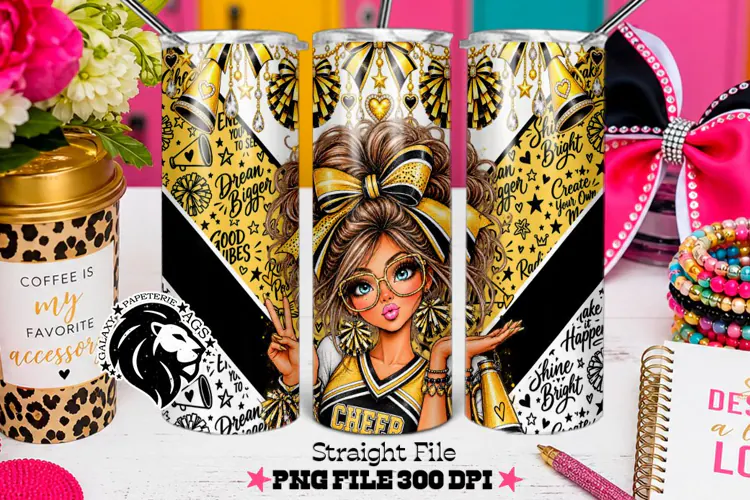 Yellow Gold Cheerleader Tumbler PNG | Brunette Glitter Wrap