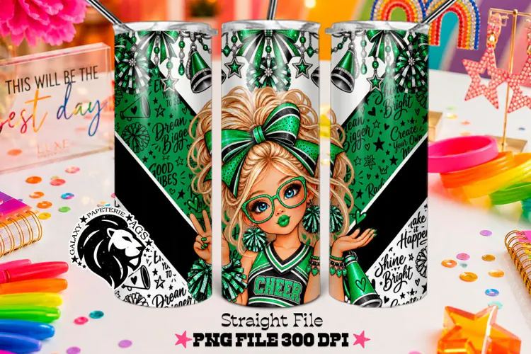 Green Cheerleader Tumbler PNG | Blonde Glitter Wrap