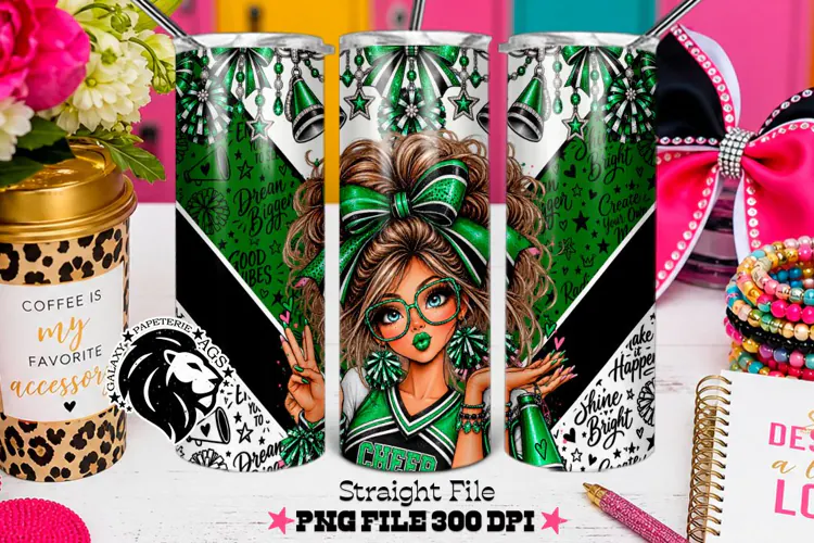 Green Cheerleader Tumbler PNG | Brunette Glitter Wrap