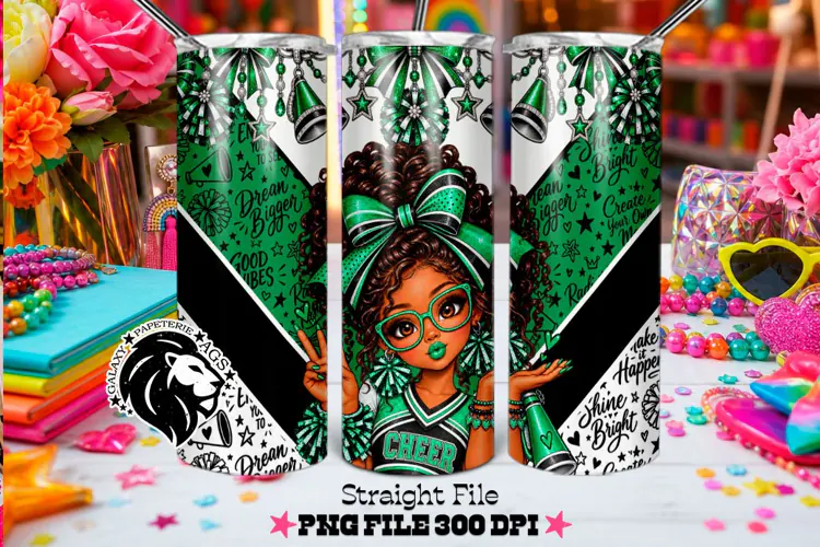 Green Cheer Girl Tumbler PNG | Curly Hair Glitter Wrap