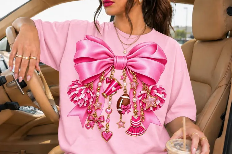 Hot Pink Cheer Bow PNG with Gold Charms