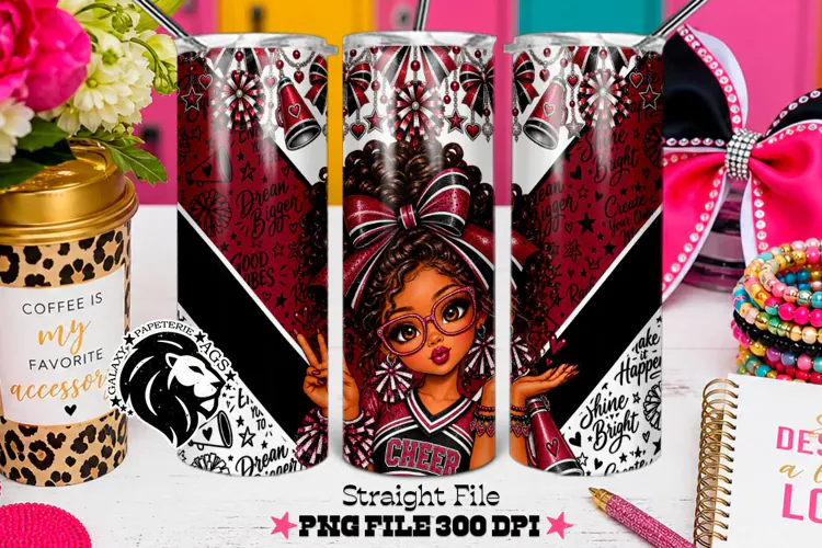 Maroon Cheer Girl Tumbler PNG | Curly Hair Glitter Wrap