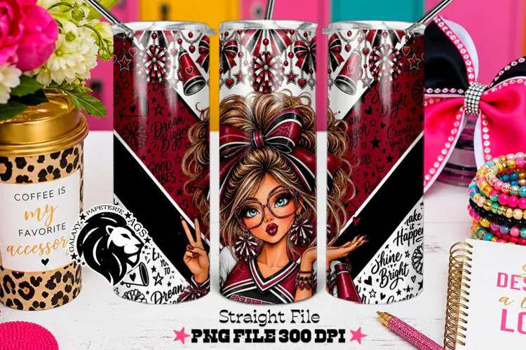 Maroon Cheerleader Tumbler PNG | Brunette Glitter Wrap