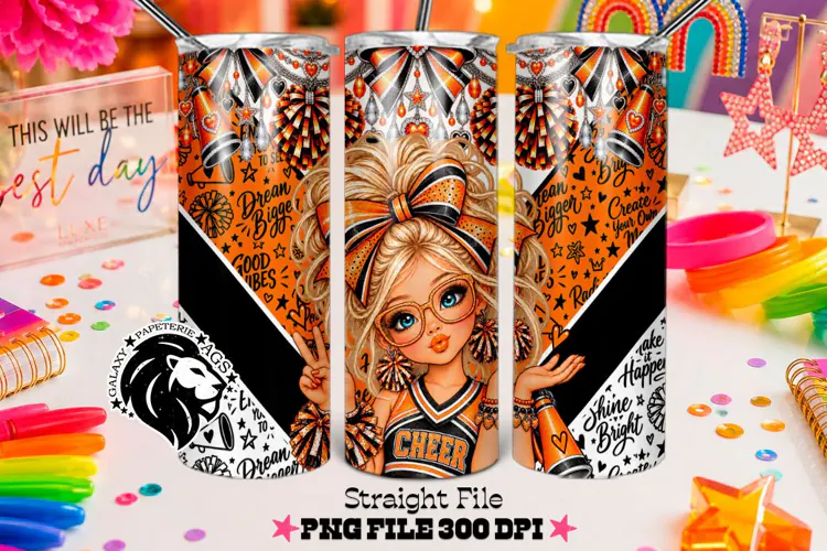 Orange Cheerleader Tumbler PNG | Blonde Glitter Wrap