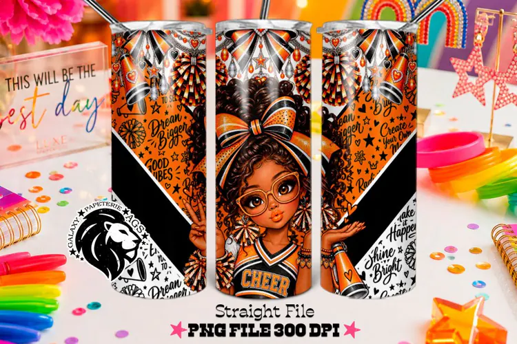 Orange Cheer Girl Tumbler PNG | Curly Hair Glitter Wrap
