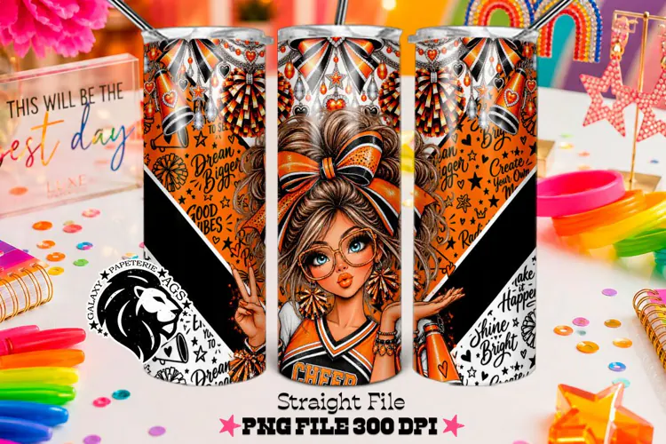 Orange Cheerleader Tumbler PNG | Brunette Glitter Wrap