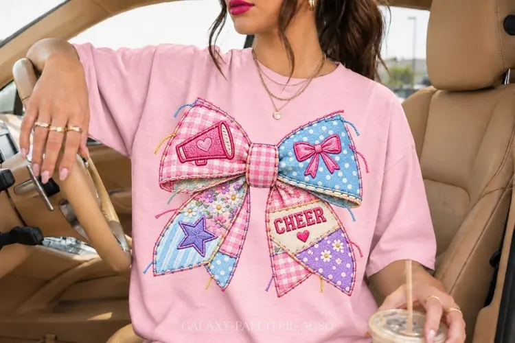 Cheer Bow PNG | Pastel Patchwork Stitched Fabric