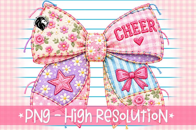 Cheer Bow PNG | Pastel Patchwork Stitched Fabric example image 1