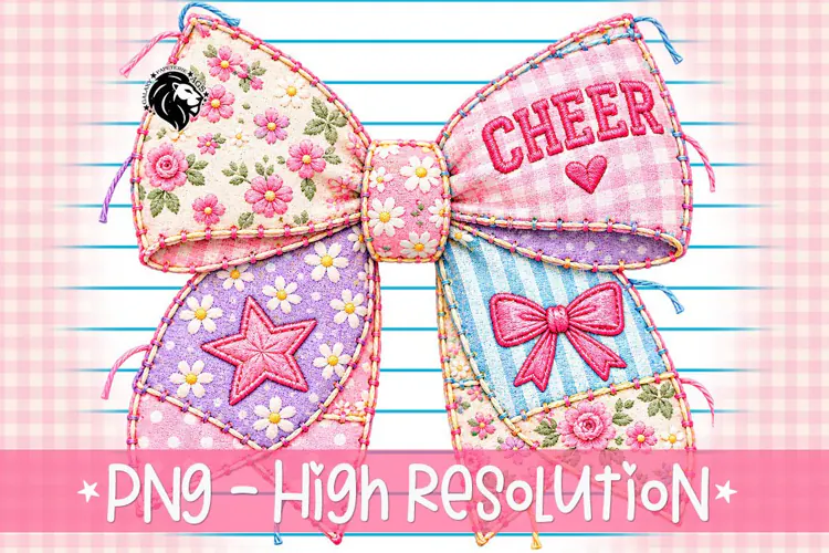 Cheer Bow PNG | Pastel Patchwork Stitched Fabric