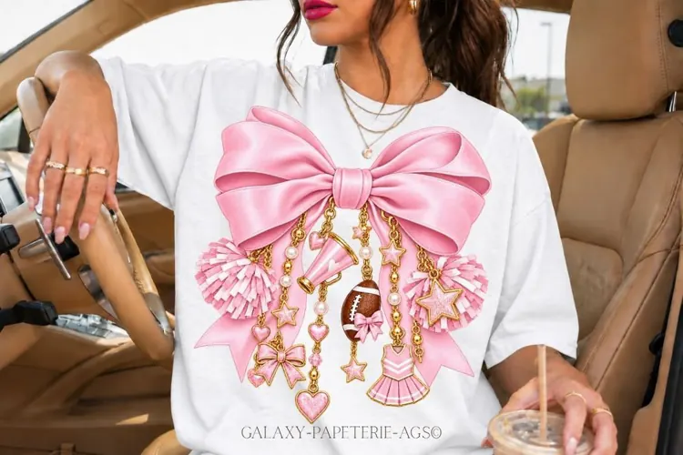 Pastel Pink Cheer Bow PNG with Pearls and Charms