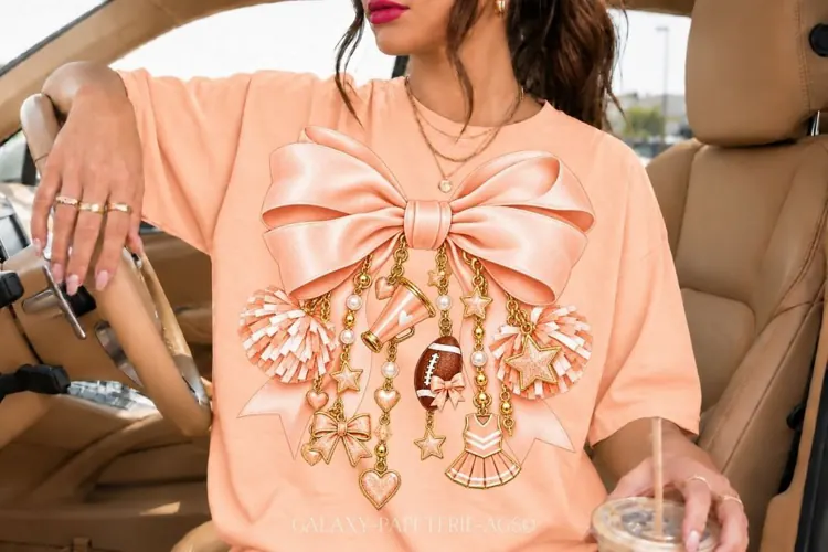 Peach Cheer Bow PNG with Hearts and Pom Poms