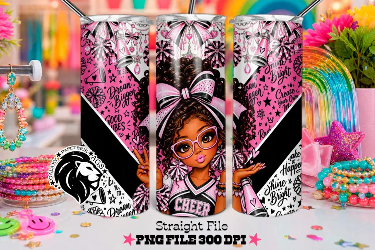 Pink Cheer Girl Tumbler PNG | Curly Hair Glitter Wrap
