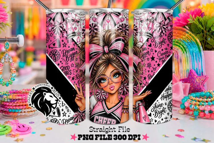 Pink Cheerleader Tumbler PNG | Brunette Glitter Wrap