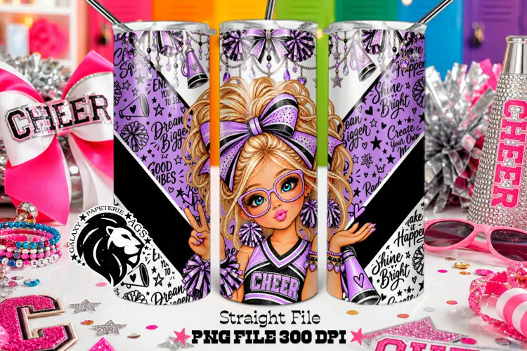 Purple Cheerleader Tumbler PNG | Blonde Glitter Wrap