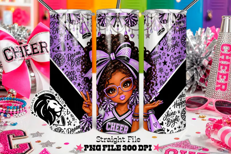 Purple Cheer Girl Tumbler PNG | Curly Hair Glitter Wrap