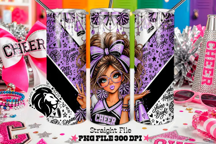 Purple Cheerleader Tumbler PNG | Brunette Glitter Wrap