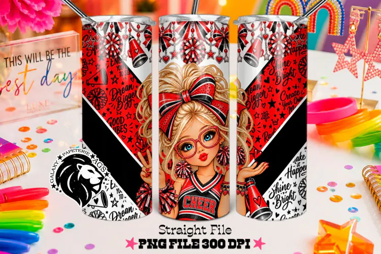 Red Cheerleader Tumbler PNG | Blonde Glitter Wrap