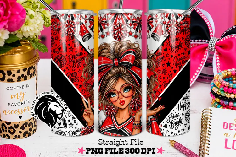 Red Cheerleader Tumbler PNG | Brunette Glitter Wrap