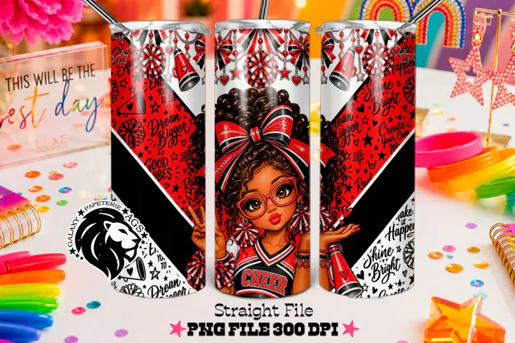 Red Cheer Girl Tumbler PNG | Curly Hair Glitter Wrap