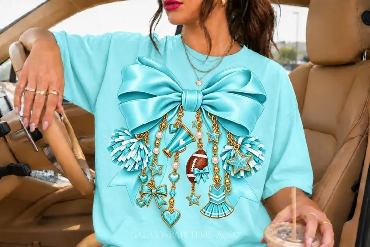 Turquoise Cheer Bow PNG with Pom Poms and Charms