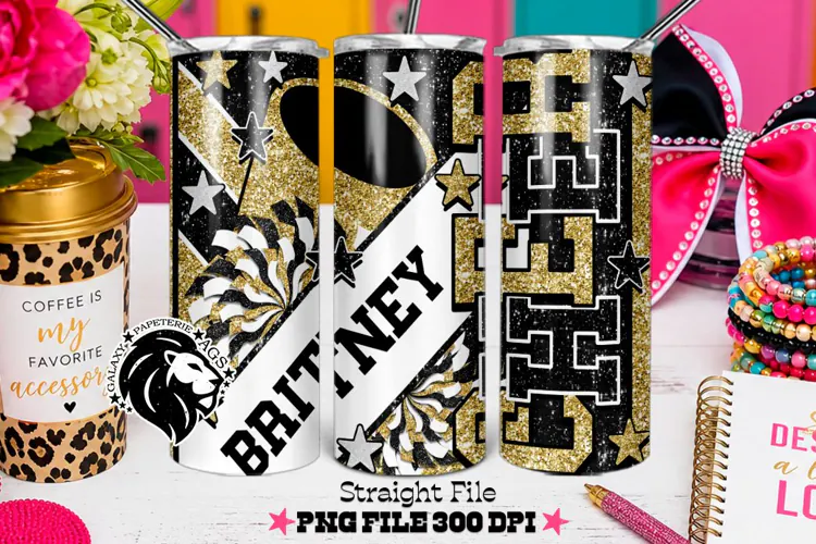 Gold Black Cheer Tumbler PNG | Glitter Straight Wrap