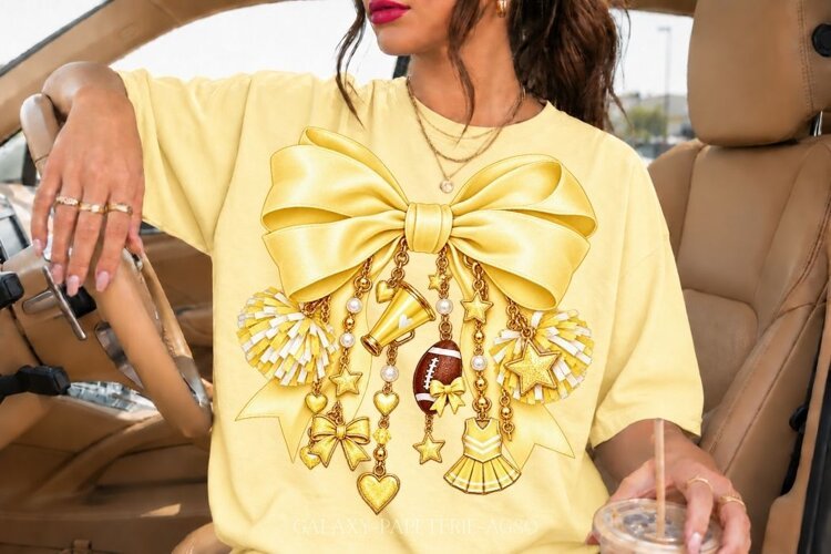 Pastel Yellow Cheer Bow PNG with Gold Charms example image 1