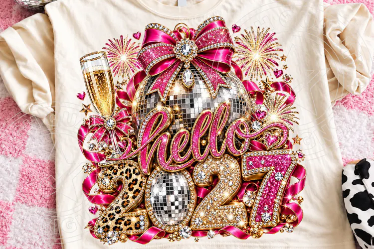 Cheers 2027 Pink Rhinestone Disco Ball New Year PNG