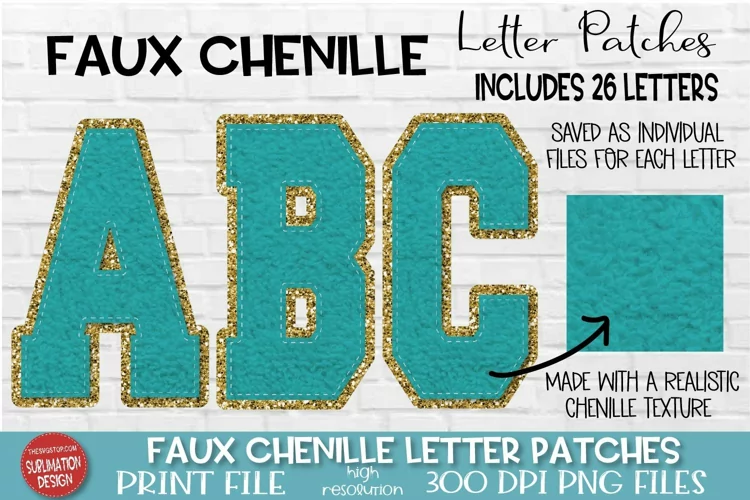 Chenille Sublimation Letters| Turquoise and Gold Alpha PNG