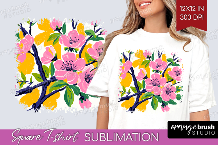 Cherry Blossom Modern Floral Square Tshirt Background Sping