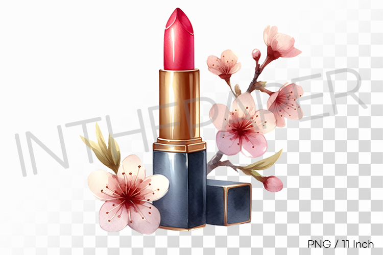 Pink Lipstick with Sakura Decor PNG Flower Clipart