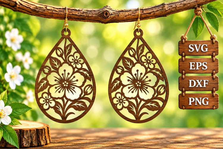 Cherry Blossom Earring Teardrop Plum Floral Wood Cut SVG