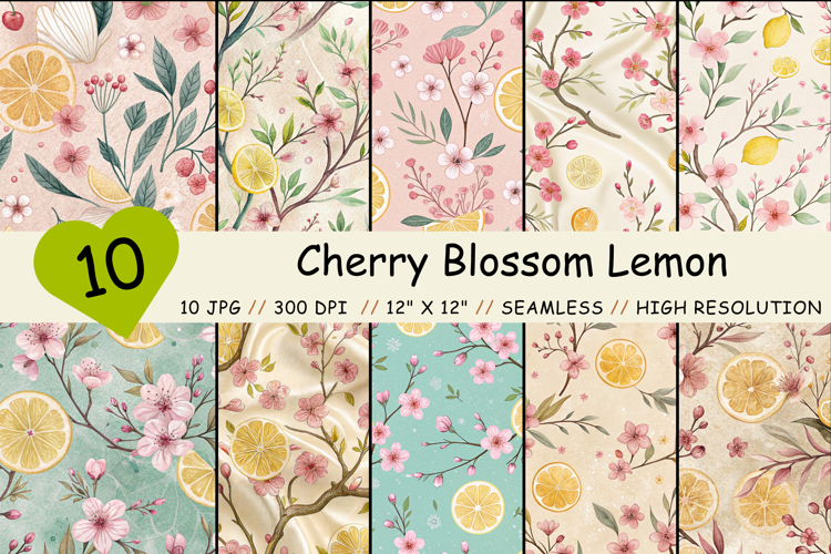 Cherry Blossom Lemon Digital Paper, Seamless Pattern