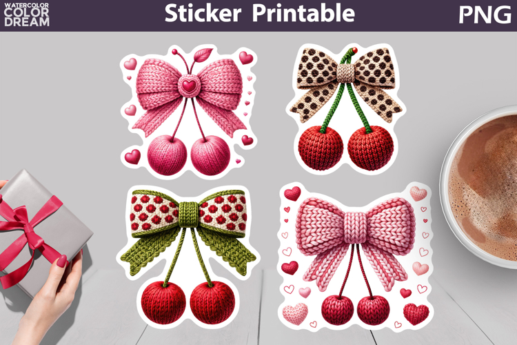 Cherry Heart Sticker | Valentine Knitted Bow Sticker