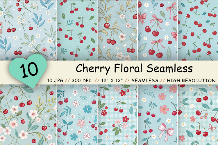 Cherry Floral Seamless Pattern Bundle, Blue Gingham Cherry
