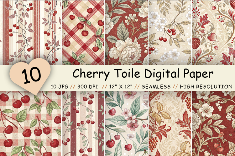 Cherry Toile Digital Paper Pack, Vintage Floral Toile