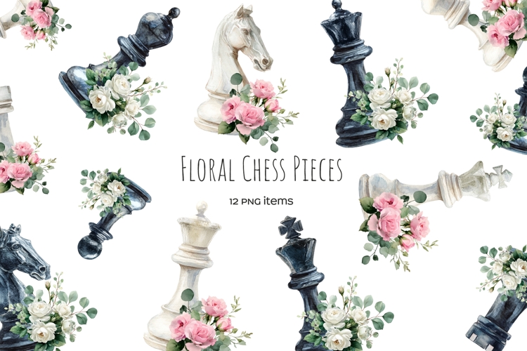 Watercolor floral white and black chess pieces