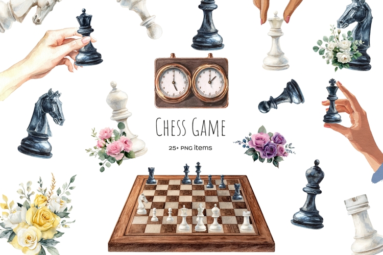 Watercolor chess clipart. Chess piece. Chessboard