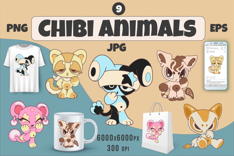 Chibi animals set 09. Tshirt, PNG.