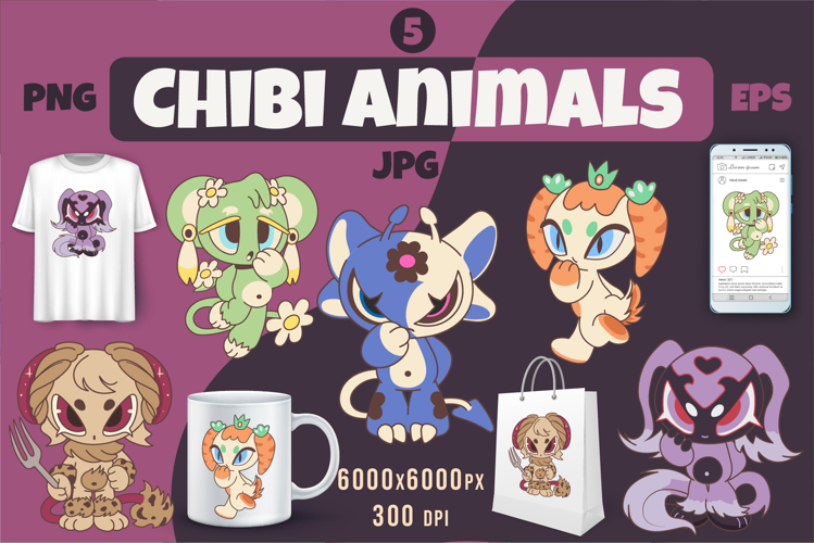 Chibi animals set 05. Tshirt, PNG.