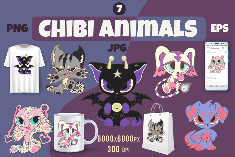 Chibi animals set 07. Tshirt, PNG.