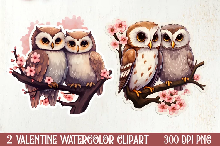 Chibi Owl Valentines Day Clipart and Stickers, Valentines PN