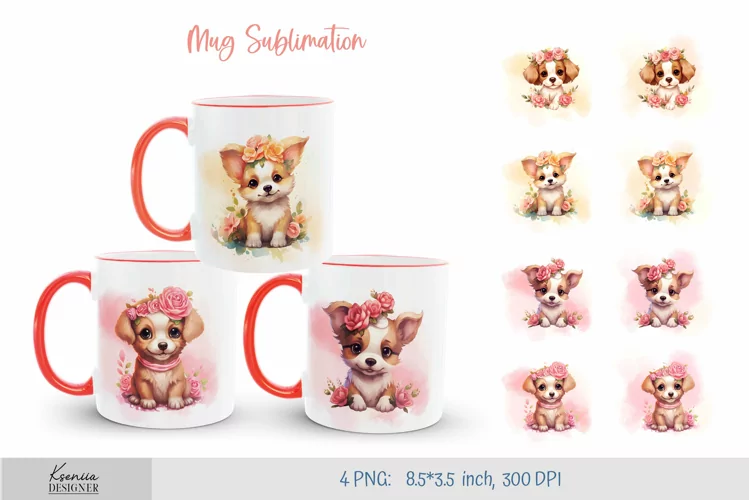 Watercolor Puppy Wearing Roses Wreath on the Head|Mug Design
